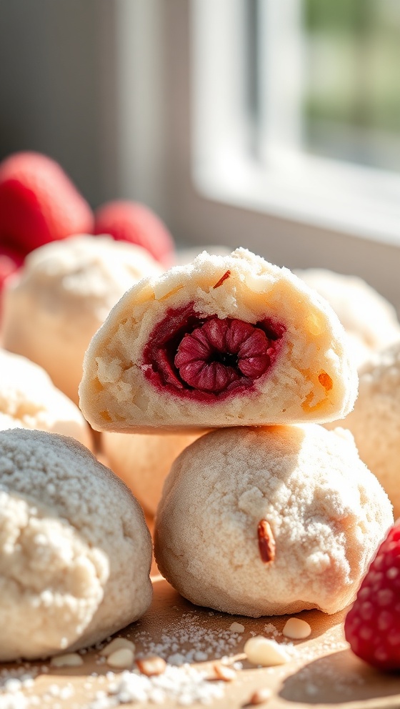 Raspberry Filled Almond Snowball Cookies