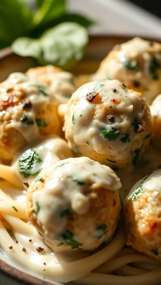 Chicken Ricotta Meatballs with Spinach Alfredo Sauce